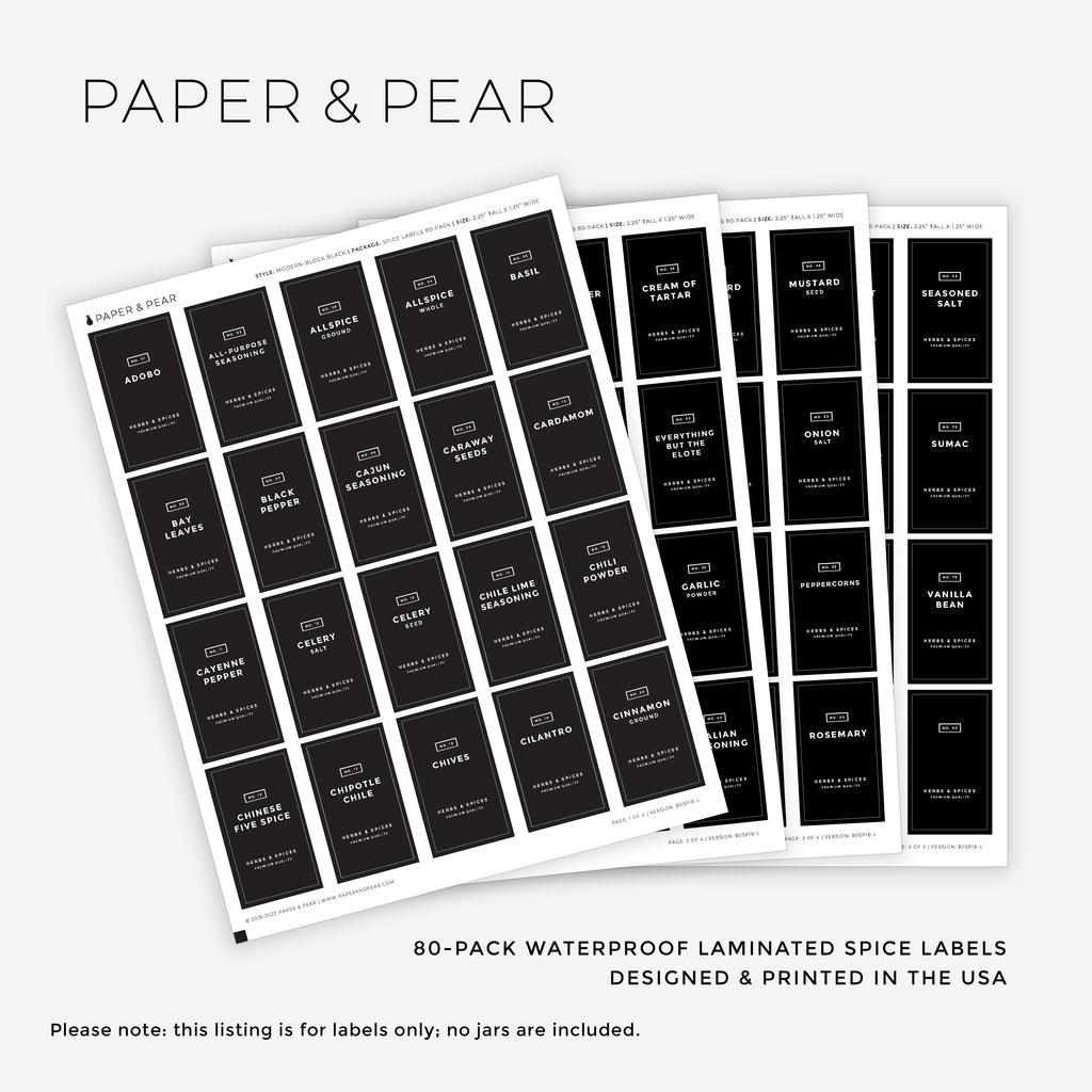 Modern Block-Black Spice Labels (no Jars) by Paper & Pear - Oil Resistant  Kitchen Pantry Labels - 1.25” Square Spice Labels Stickers - Durable Spice